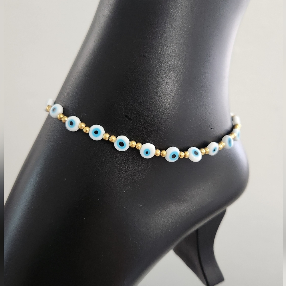 Resin Beaded Stainless Steel Gold and White Evil Eye Anklet Bracelet Adjustable